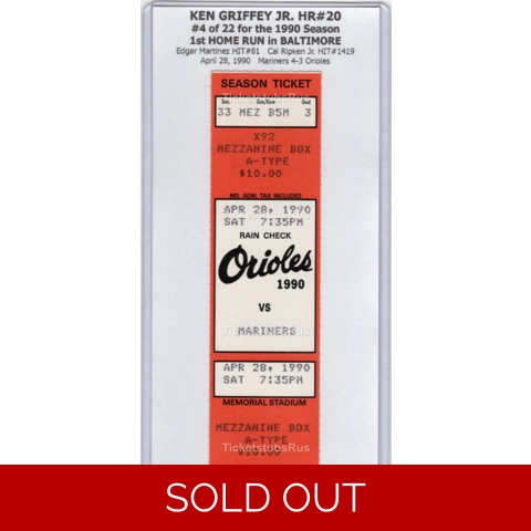 Ken Griffey Jr HR #20 1st in BALTIMORE Orioles Mariners 4/28/1990 FULL Ticket
